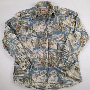 Woolrich Button Up Long Sleeve Shirt Boat and Water Print Small